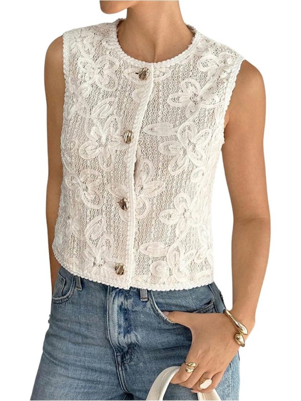 Floral Jacquard Sweater Vest | Crochet Textured Jacket for Women | Trendy